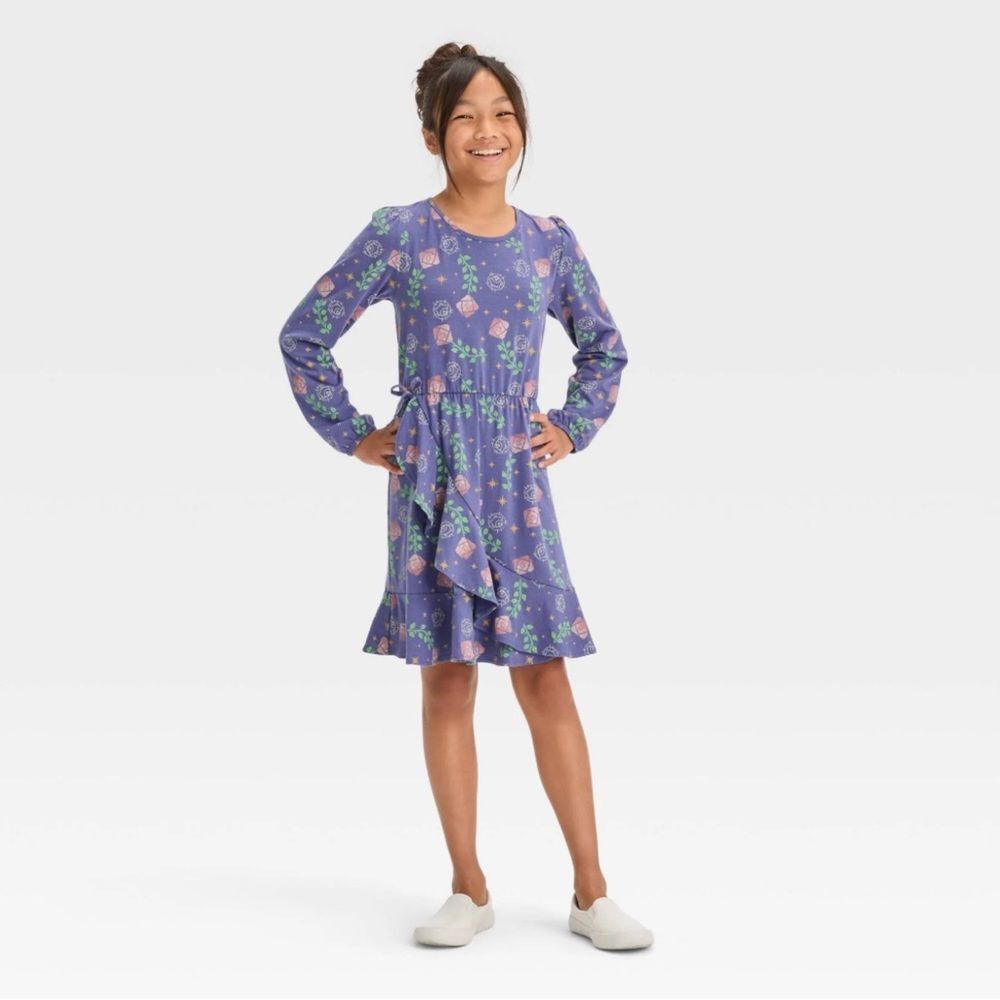 NWT Disney Wish Size Large Purple Floral Long Sleeve Tween Jersey A-Line Dress